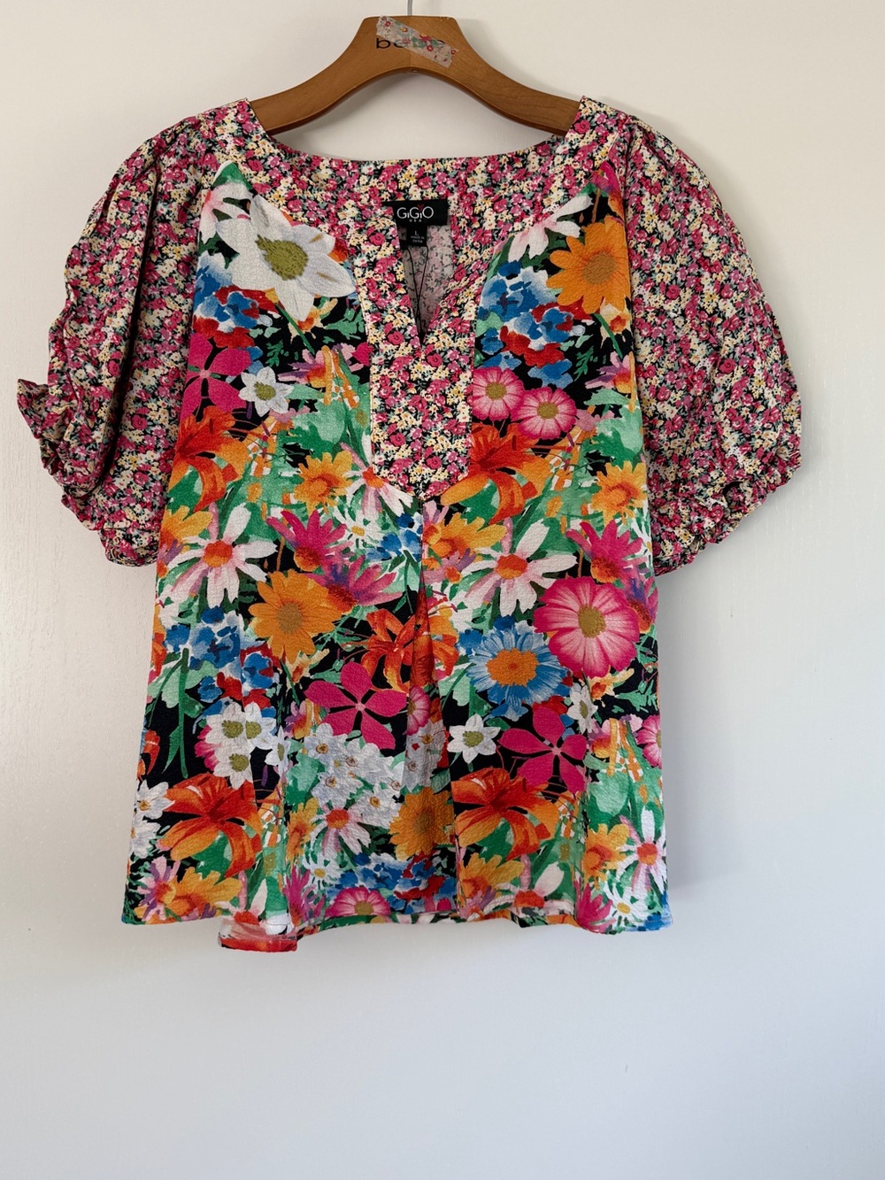 Gigio Pink Multi Floral Split-Neck Women's Top Boho Cottagecore L